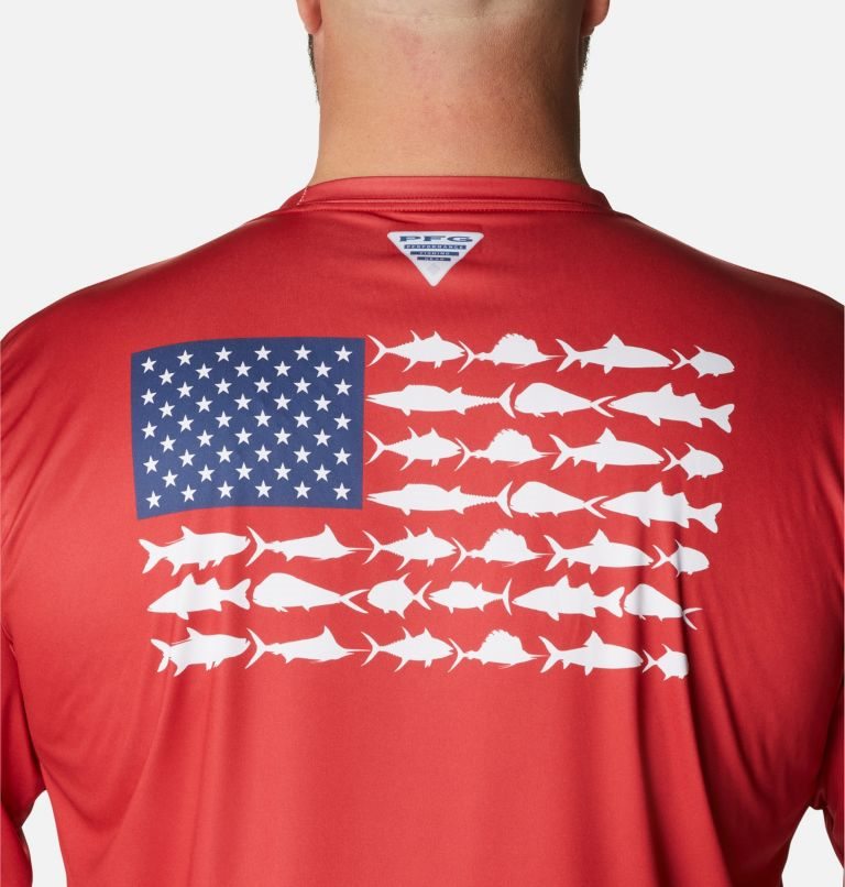 Men's Columbia PFG Terminal Tackle Fish Flag Long Sleeve Sweatshirts Red | Plus Size CA-QLAC4